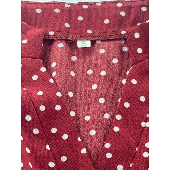 Polka Dot Blouse Long Sleeve Elastic Waist Casual Dress Burgundy Size S - Picture 5 of 5